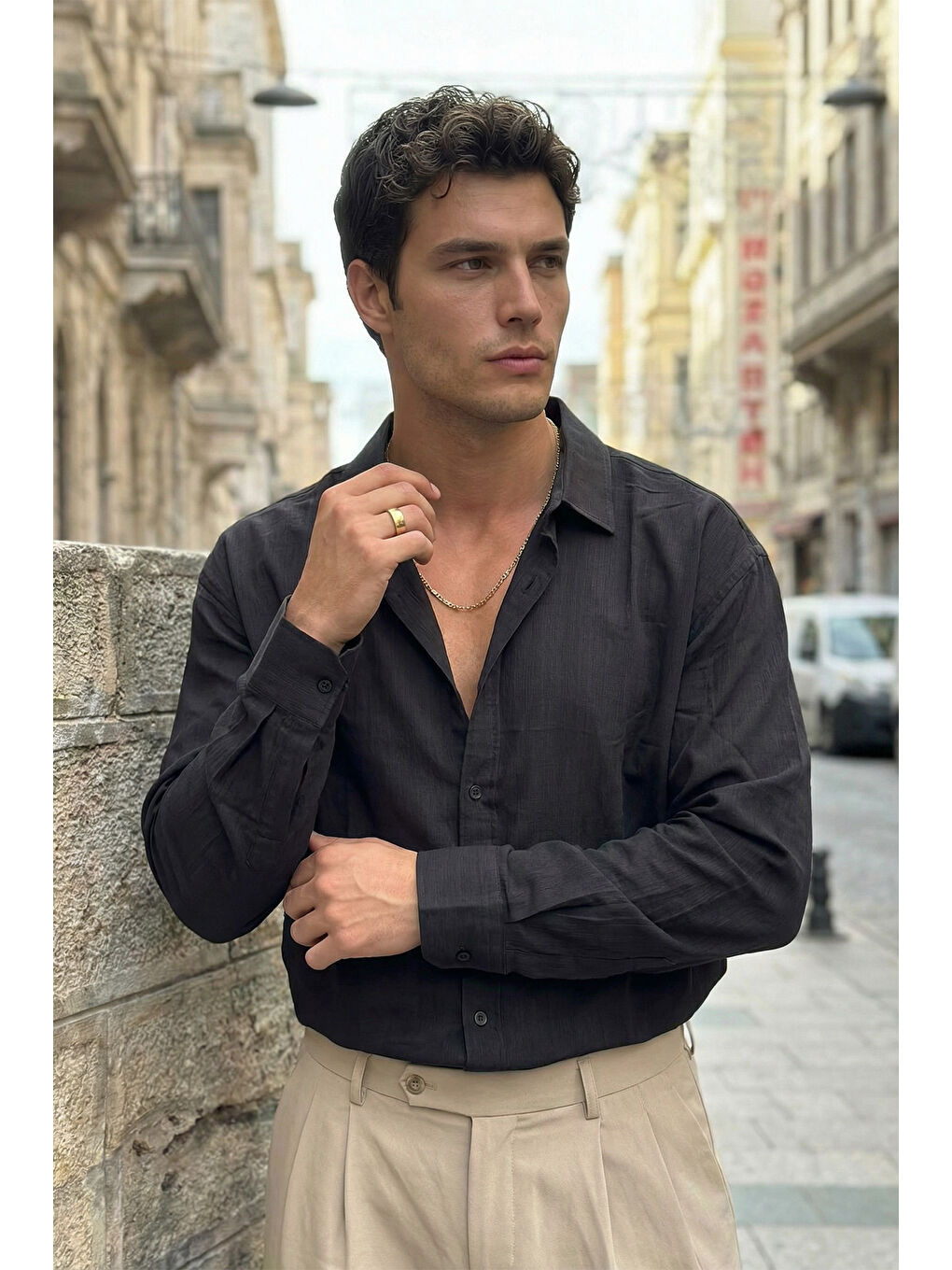 Siyah Hive Premium Oversize Erkek Gömlek Kendinden Çizgili-6