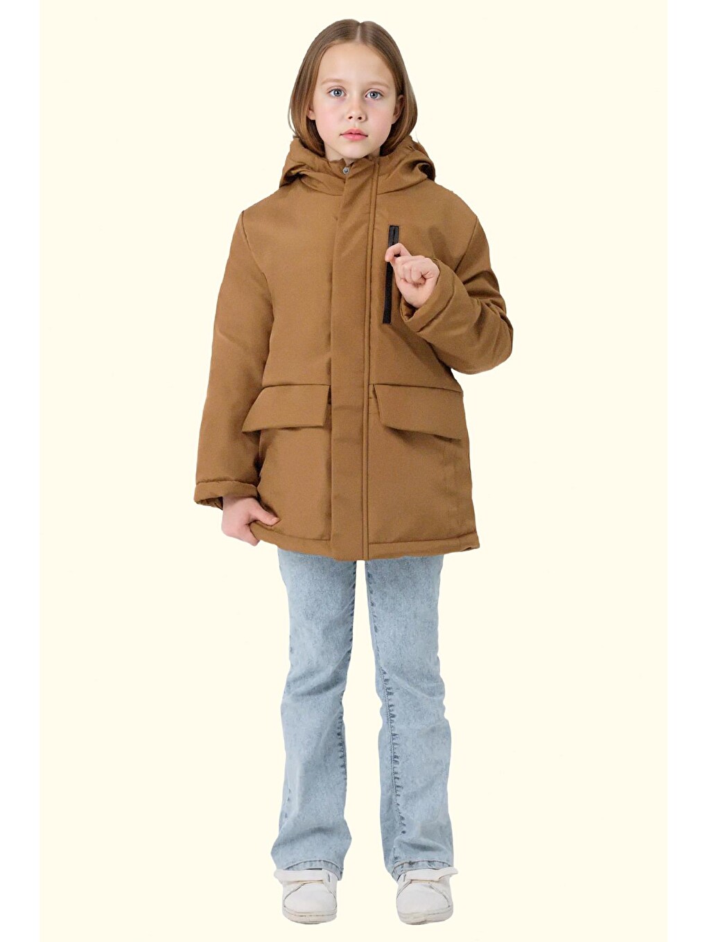 Kahverengi Kız Çocuk Kürklü Su Ve Rüzgar Geçirmez Kapüşonlu 3 Kışlık Mont & Kaban & Parka-1