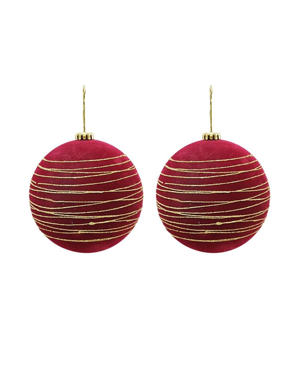 Kadife Yılbaşı Topu – Altın Simli Çam Ağacı Süsü Bordo 12 cm 2'li-1