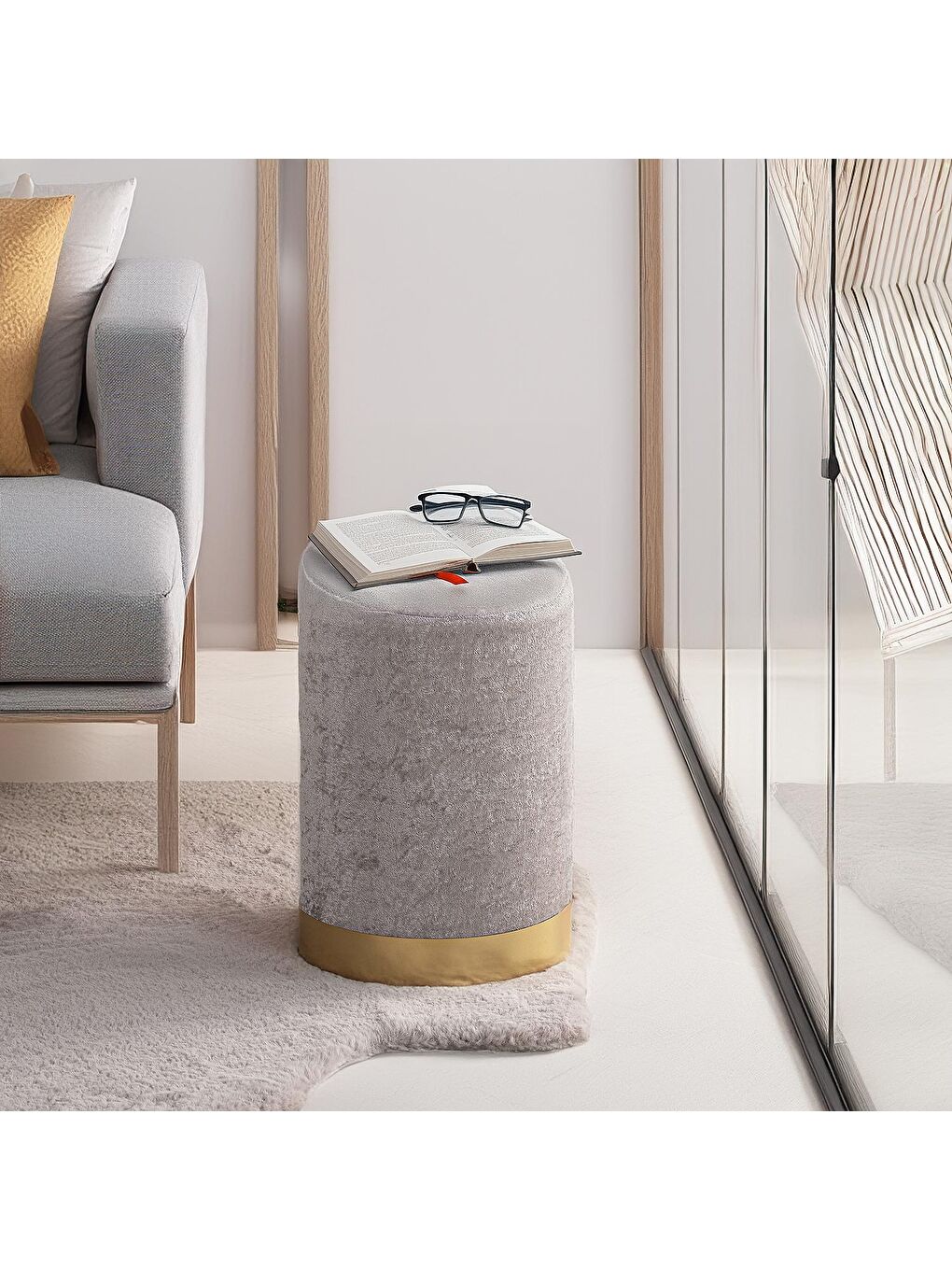 Puf Handmade Açık Gri Şönil Kumaş Silindir Dekoratif