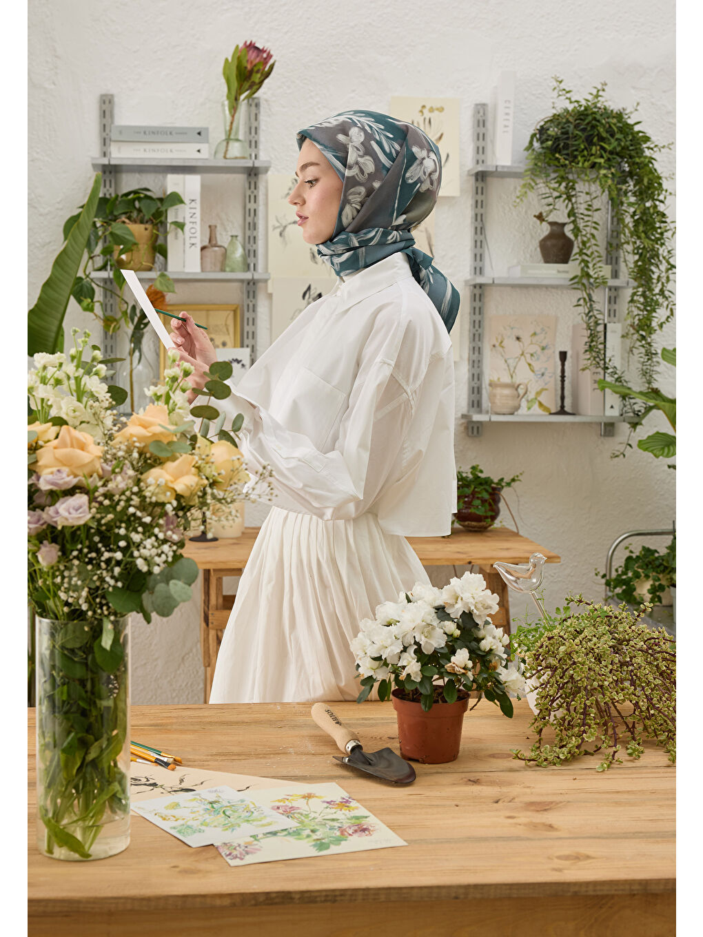 Siyah Celına Desen Pamuk İpek Eşarp Petrol Yeşili