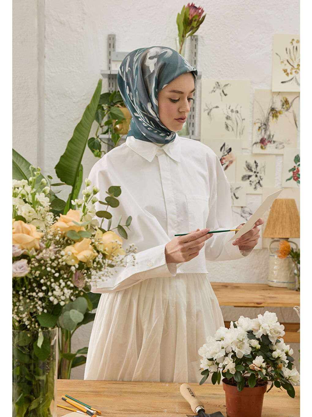 Siyah Celına Desen Pamuk İpek Eşarp Petrol Yeşili-1