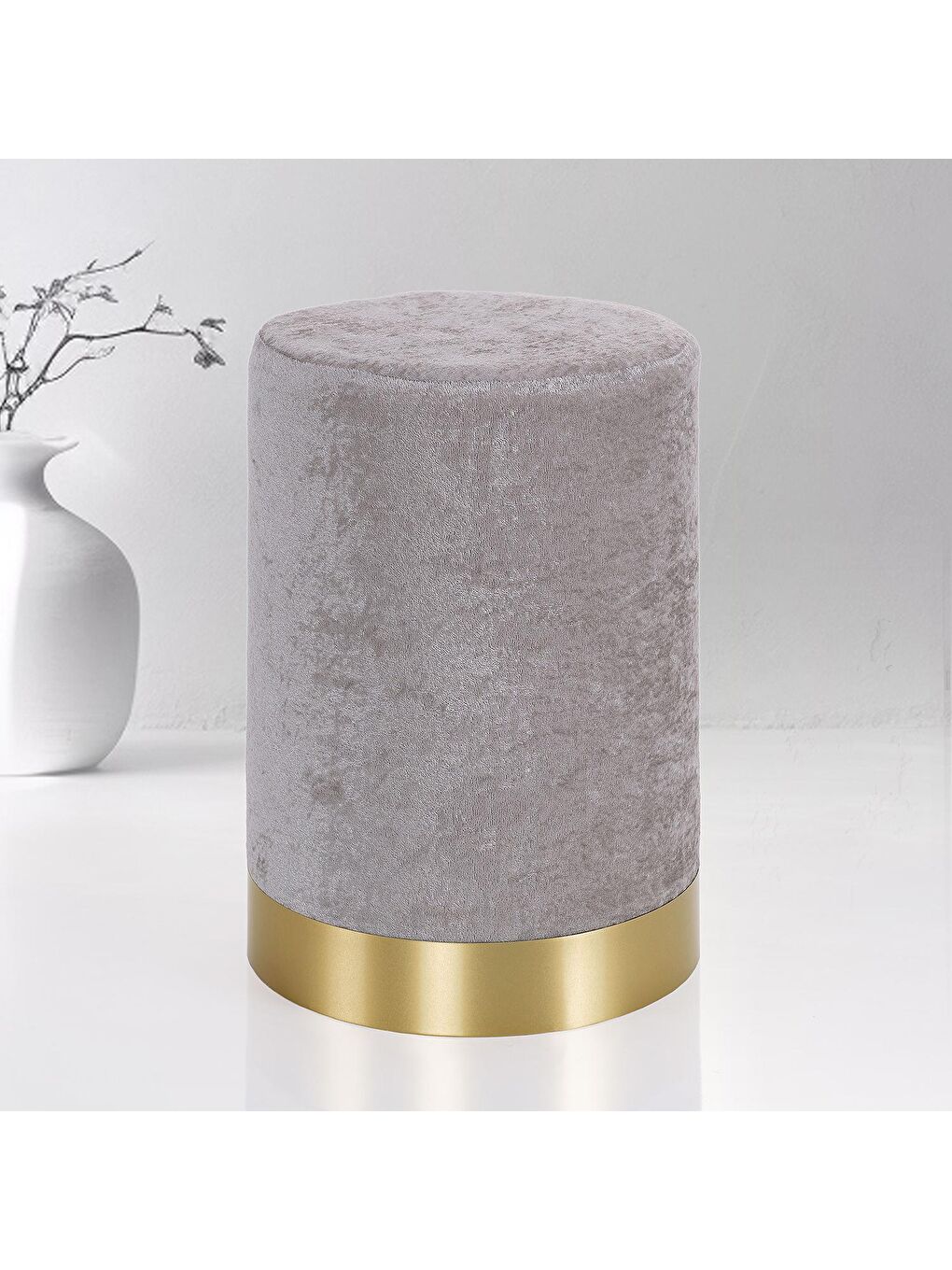 Puf Handmade Açık Gri Şönil Kumaş Silindir Dekoratif-1