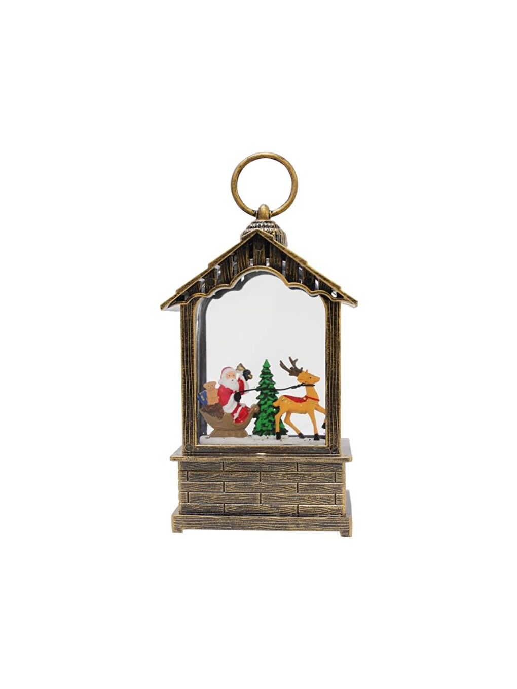 Kahverengi Yılbaşı Noel Baba Hediyelik Kar Küresi Fener Tasarımlı (Işıklı & Müzikli) 20 cm-2