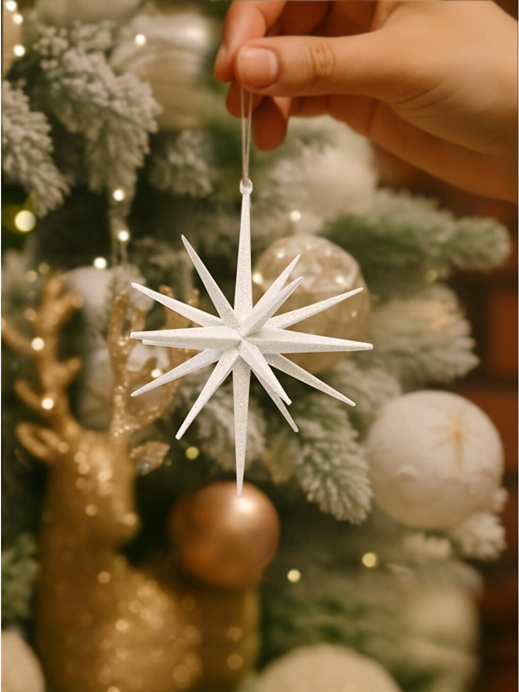 Yılbaşı Ağaç Süsü 3D Simli Kutup Yıldızı Asılabilir Dekoratif Süs Beyaz 14 cm