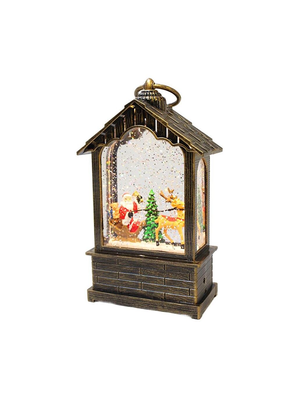 Kahverengi Yılbaşı Noel Baba Hediyelik Kar Küresi Fener Tasarımlı (Işıklı & Müzikli) 20 cm-3