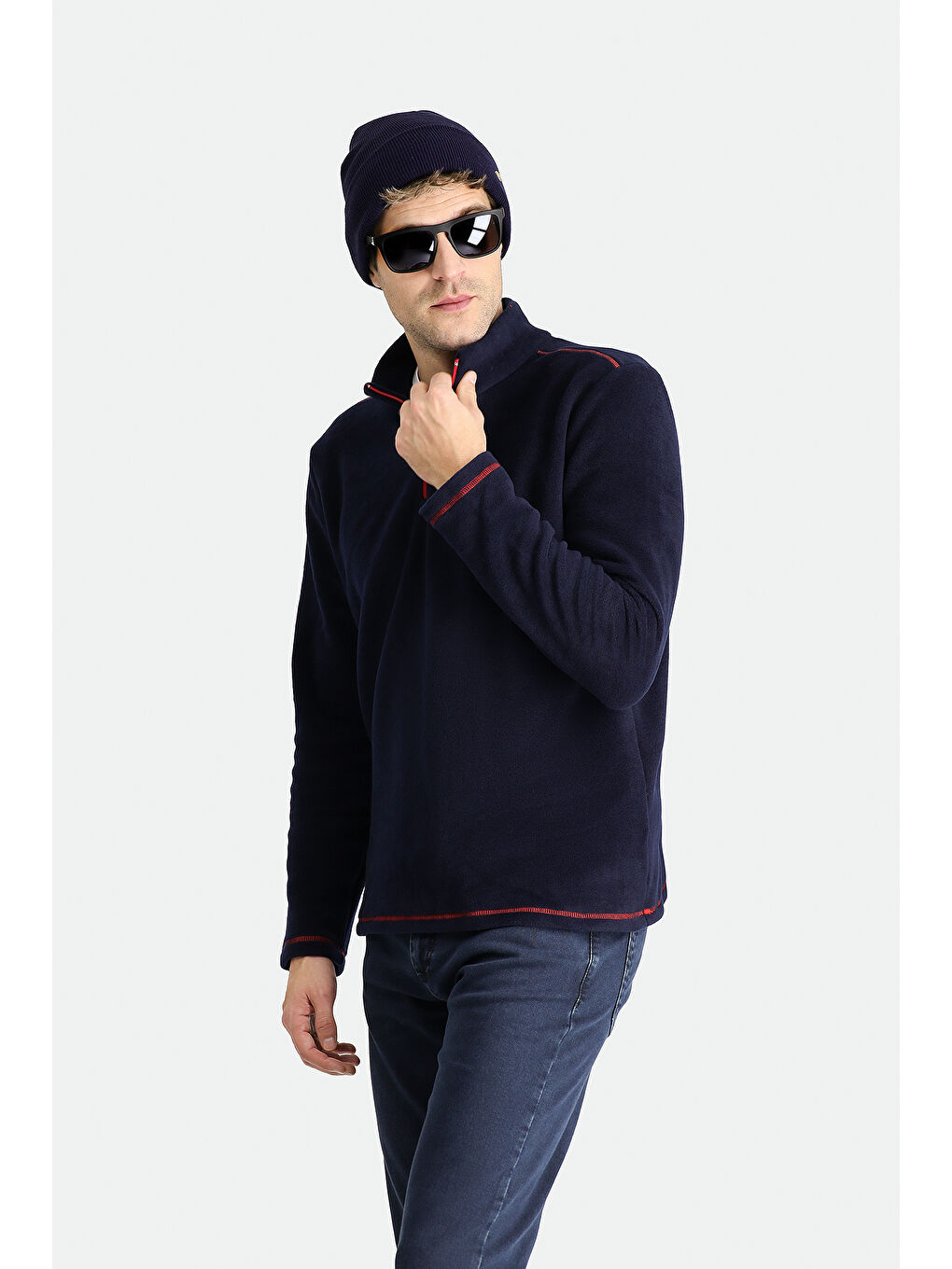 Lacivert Yarım Fermuarlı Nakışlı Polar Büyük Beden Sweatshirt