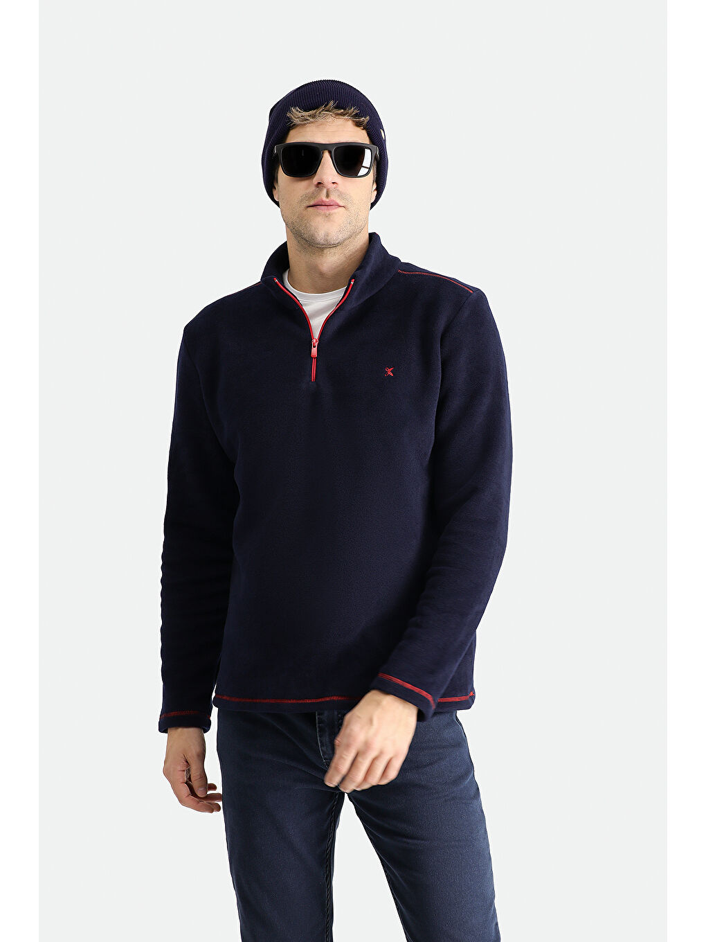 Lacivert Yarım Fermuarlı Nakışlı Polar Büyük Beden Sweatshirt-1