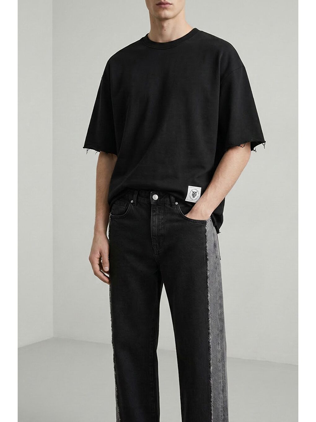 Erkek Süper Baggy Yan Panel Detaylı Jean Pantolon Siyah-2