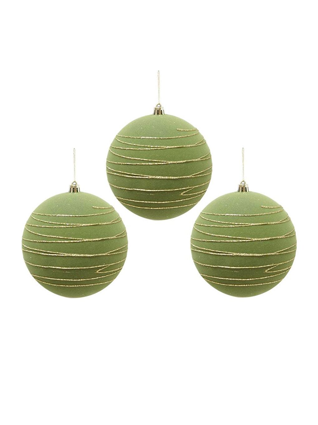 Kadife Yılbaşı Topu – Altın Simli Çam Ağacı Süsü Yağ Yeşili 10 cm 3'lü-2