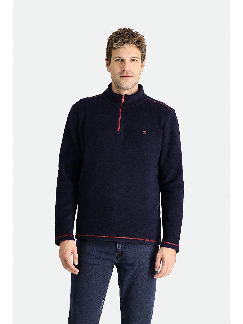 Lacivert Yarım Fermuarlı Nakışlı Polar Büyük Beden Sweatshirt-2