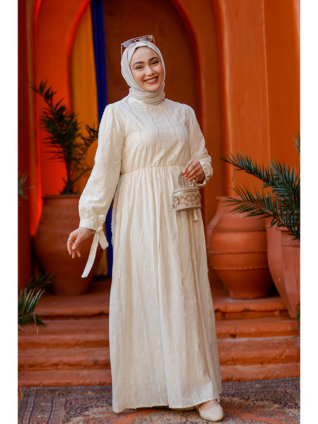 Ekru Kadın Kol Bağlamalı Jakar Elbise Krem-2