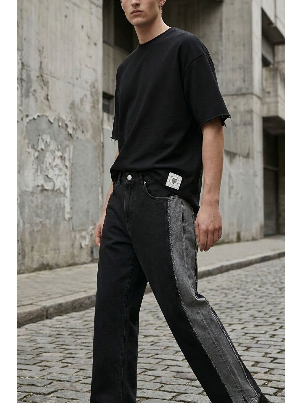 Erkek Süper Baggy Yan Panel Detaylı Jean Pantolon Siyah-3