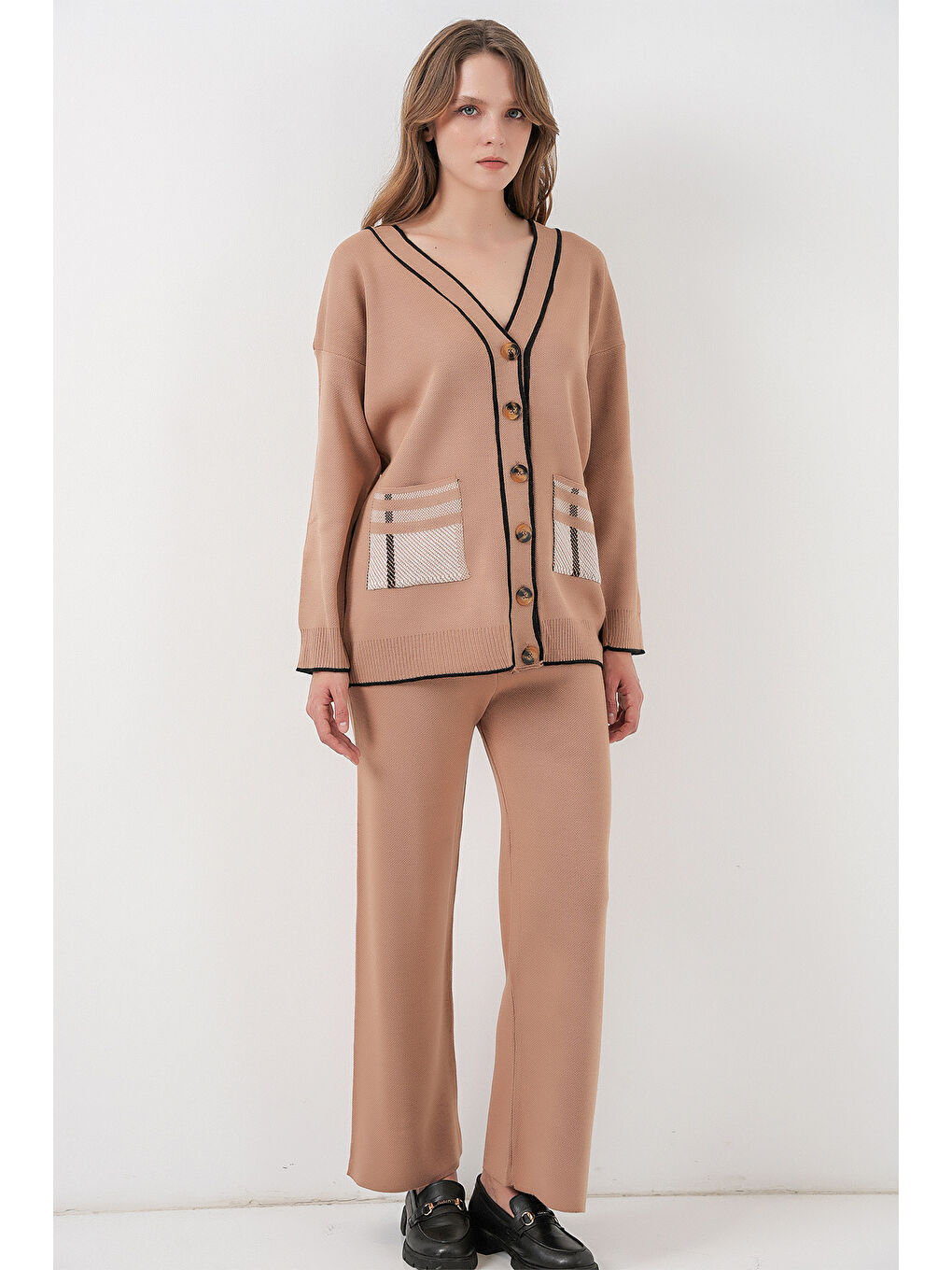 Sarı Kadın Cepli Hırka Triko İkili Takım 15964 - Camel