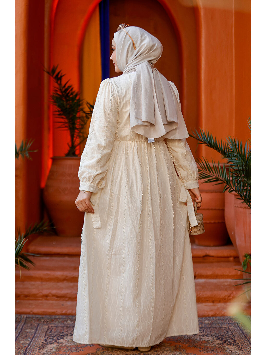 Ekru Kadın Kol Bağlamalı Jakar Elbise Krem-4