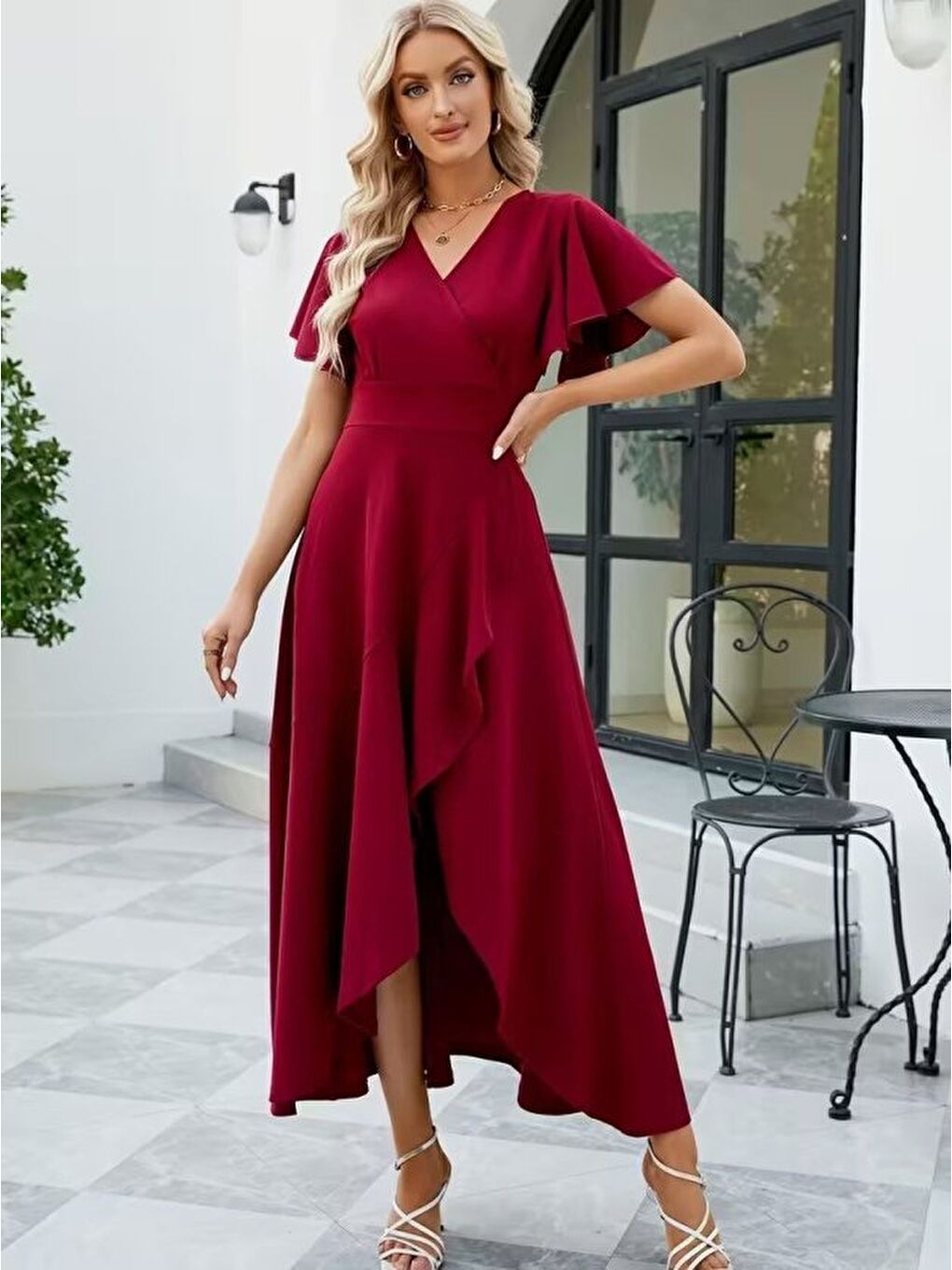 Kırmızı Kadın Kısa Kollu Kruvaze Yakalı ön Asimetrik Volanlı Uzun Ithal Krep Elbise-2