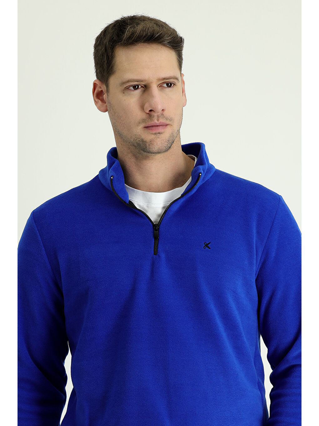 Mavi Yarım Fermuarlı Nakışlı Polar Sweatshirt