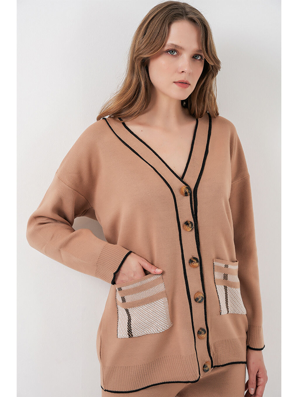 Sarı Kadın Cepli Hırka Triko İkili Takım 15964 - Camel-2