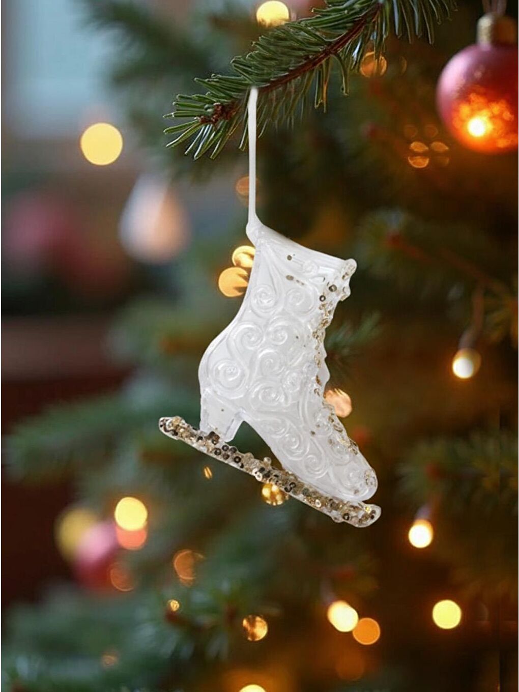 Renksiz Yılbaşı Ağaç Süsü Altın Pul Detaylı 3D Şeffaf Buz Pateni Asılabilir Dekoratif Süs 10 cm