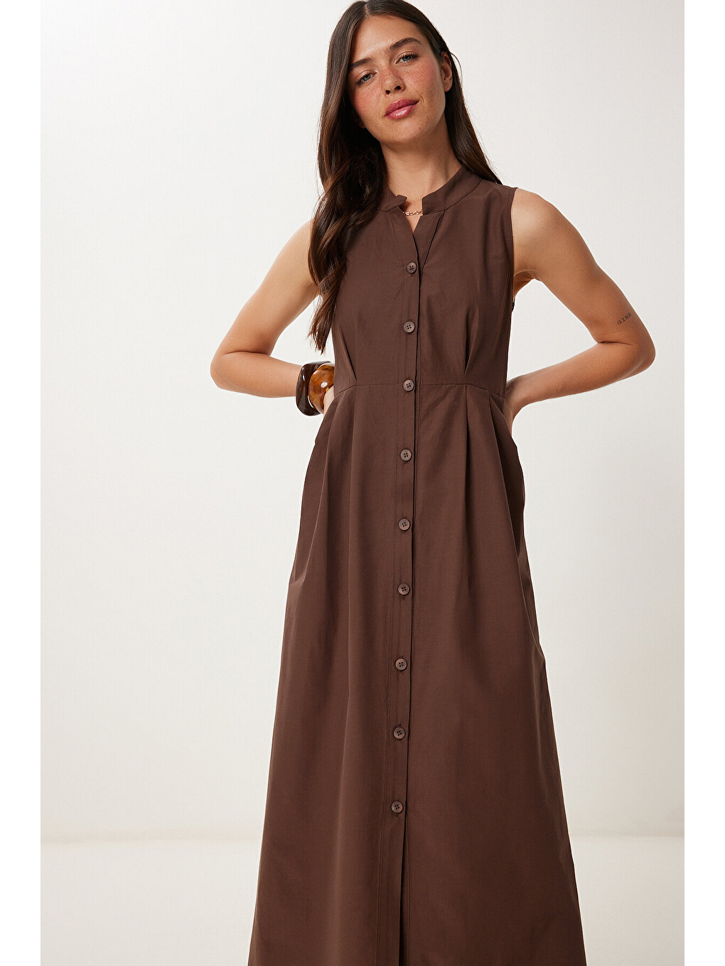 Kolsuz Midi Poplin Gömlek Elbise Kahverengi Lmx0093-1