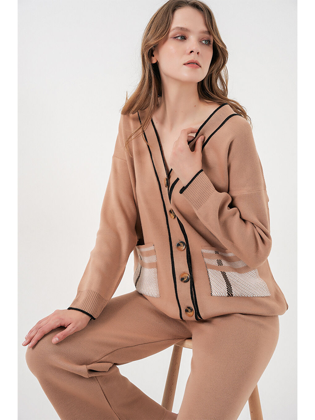 Sarı Kadın Cepli Hırka Triko İkili Takım 15964 - Camel-3