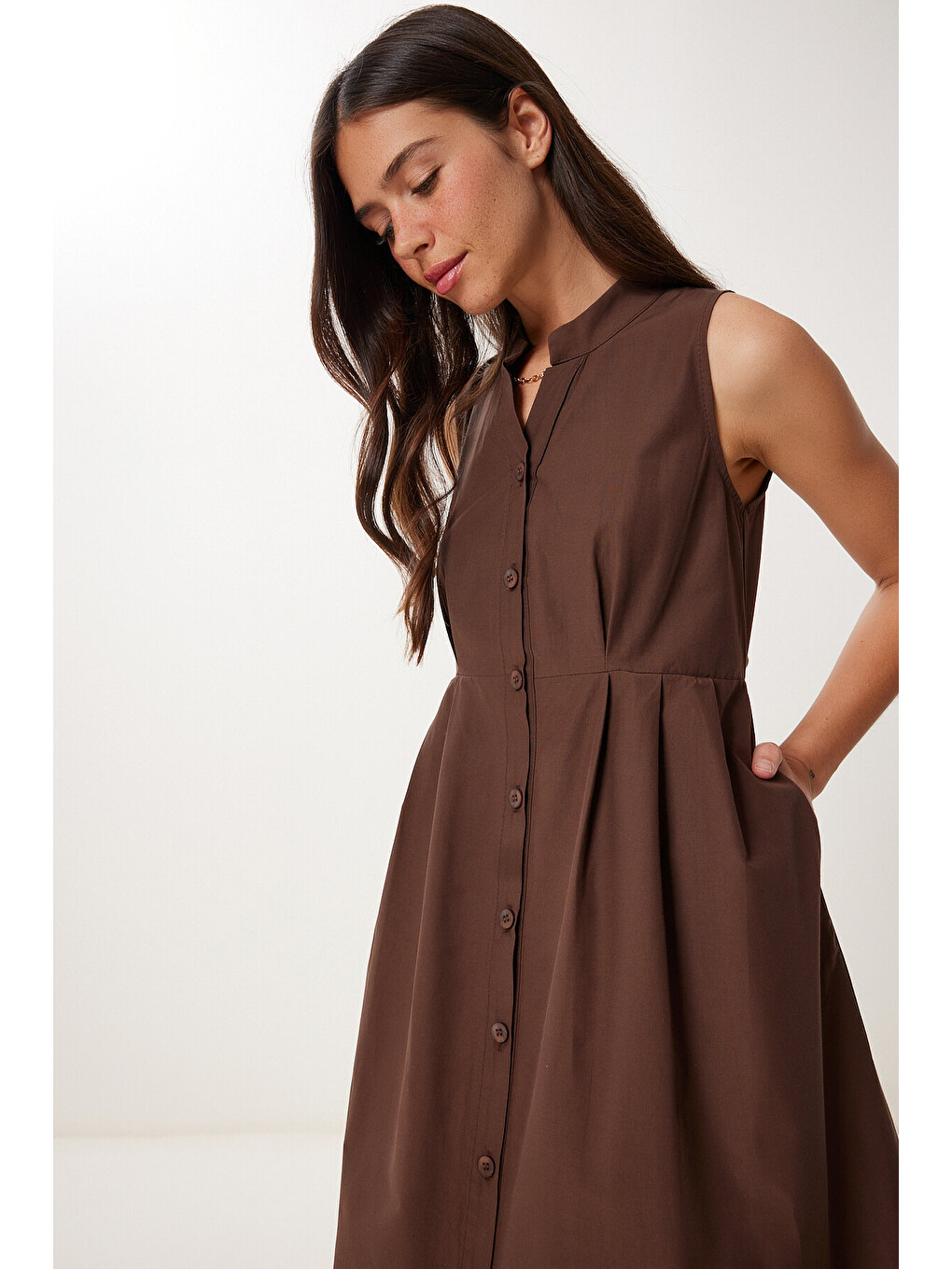 Kolsuz Midi Poplin Gömlek Elbise Kahverengi Lmx0093-3