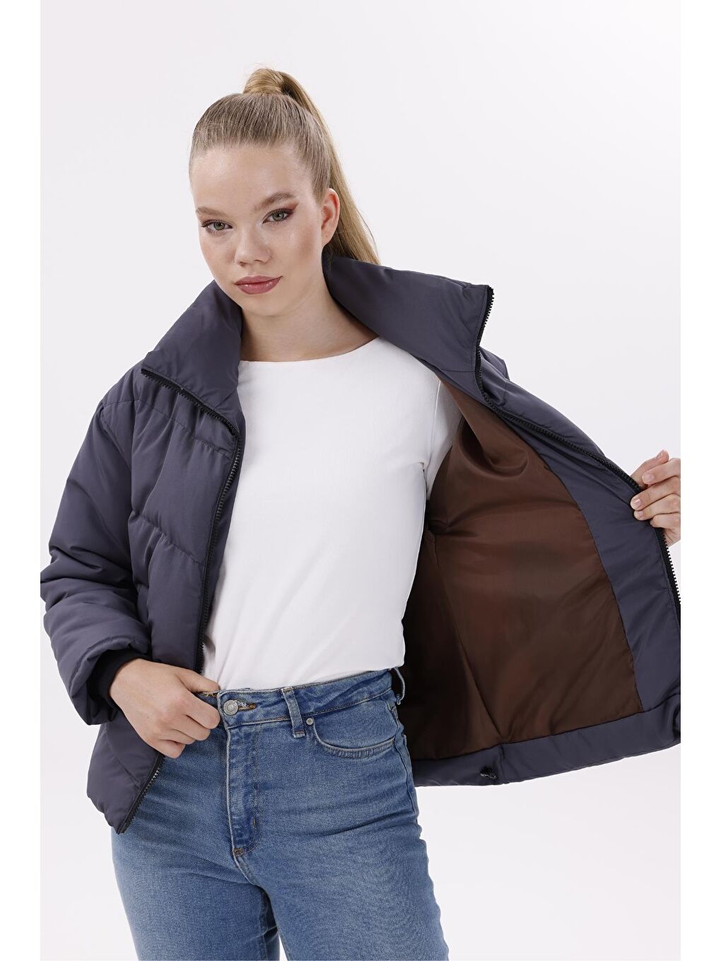 Antrasit Kadın Dolgulu Puffer Mont - Yüksek Yaka, Suya Dayanıklı-3