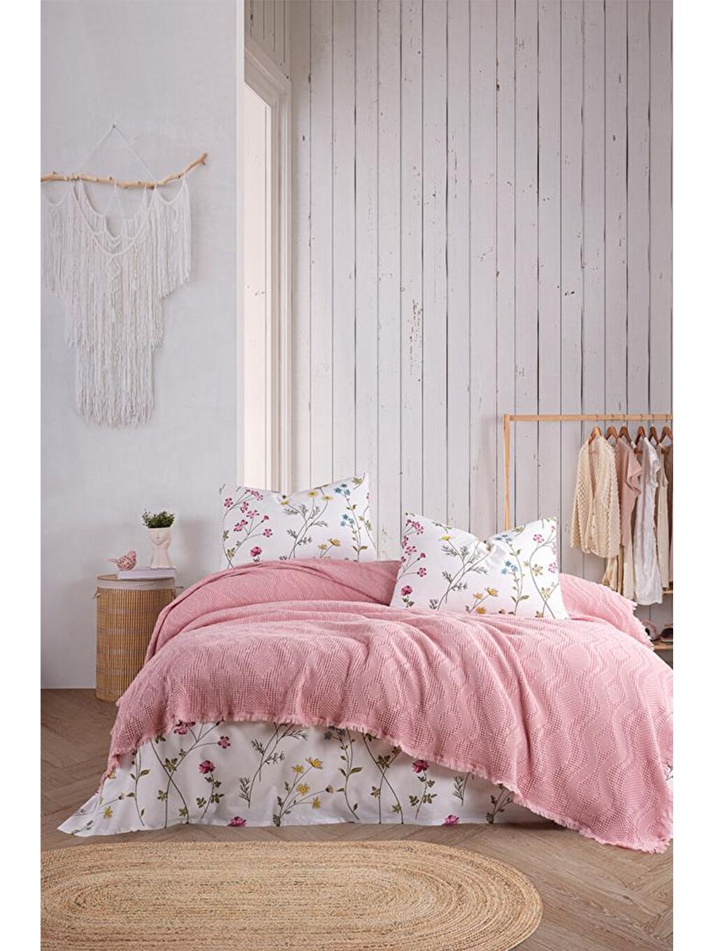 Pembe Şalemar 4 Parça Çift Kişilik Pike Takımı Pudra