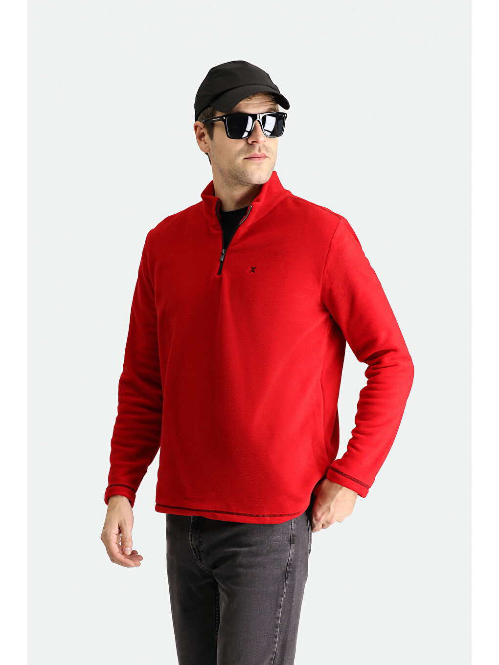 Kırmızı Yarım Fermuarlı Nakışlı Polar Sweatshirt