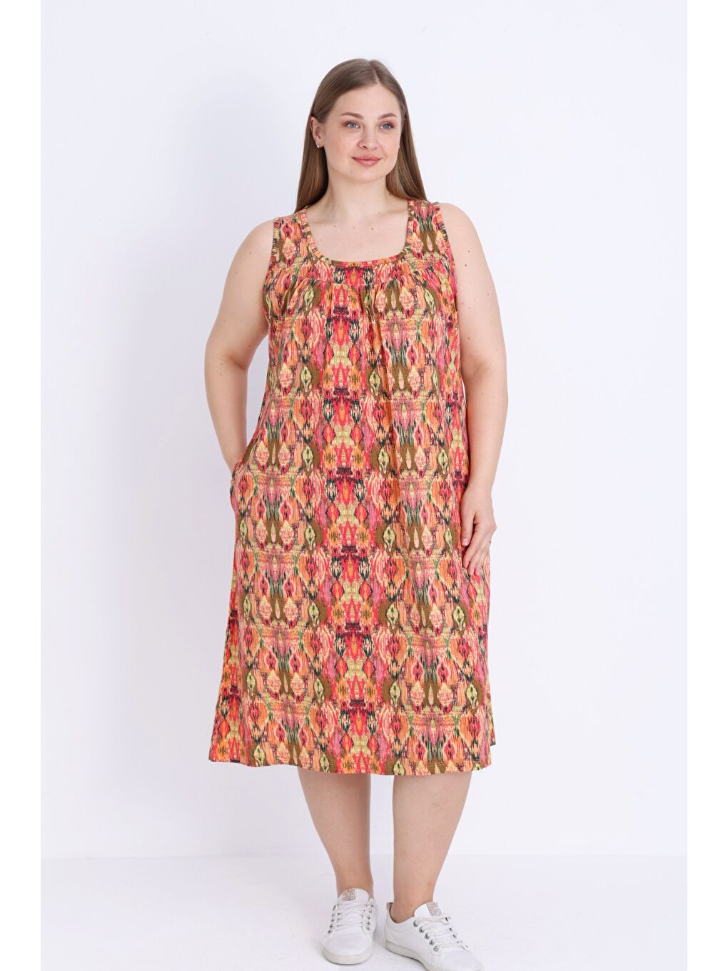 Karışık Kadın Büyük Beden Desenli Cepli Pamuklu Askılı Elbise