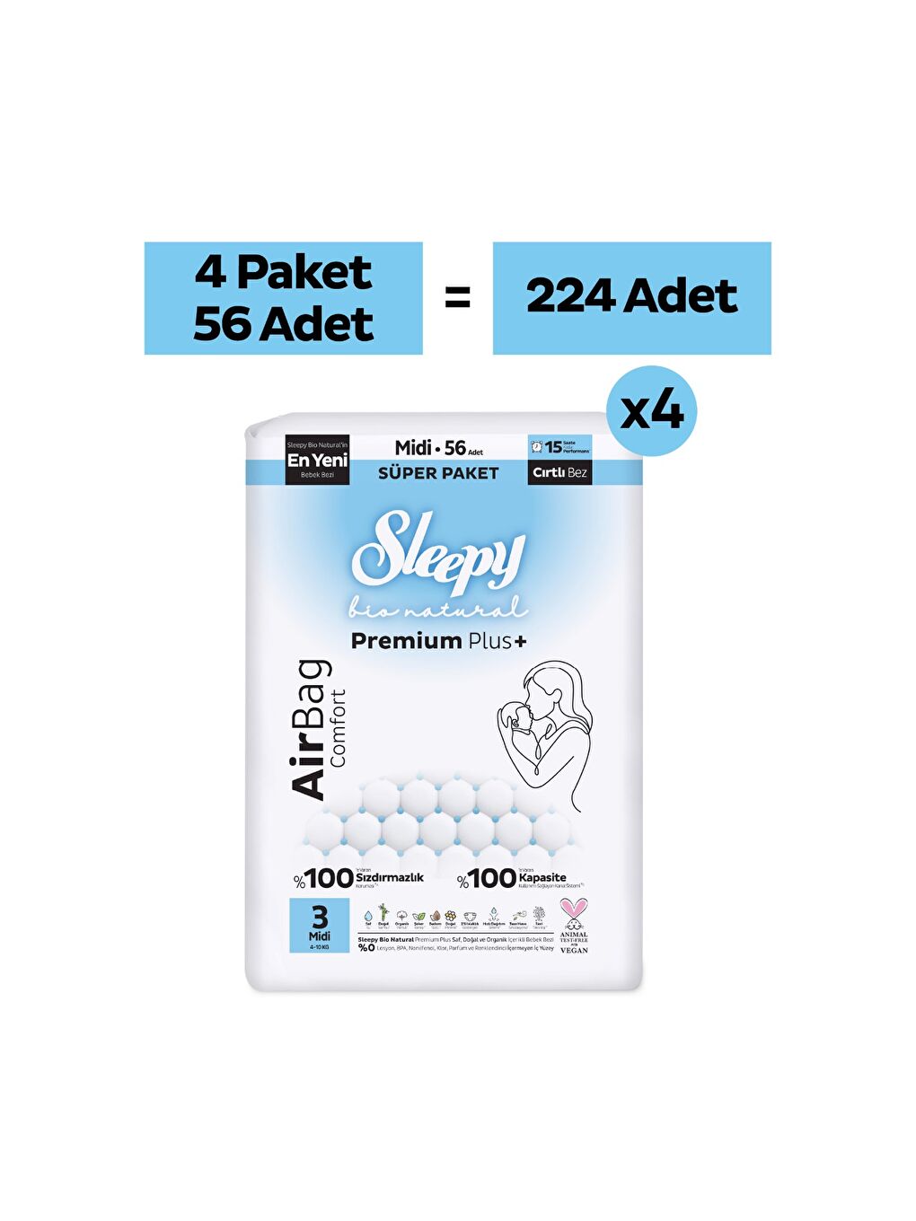 Bio Natural Premium Plus Airbag Comfort Ultra Paket Bebek Bezi 3 Numara Midi 224 Adet-1