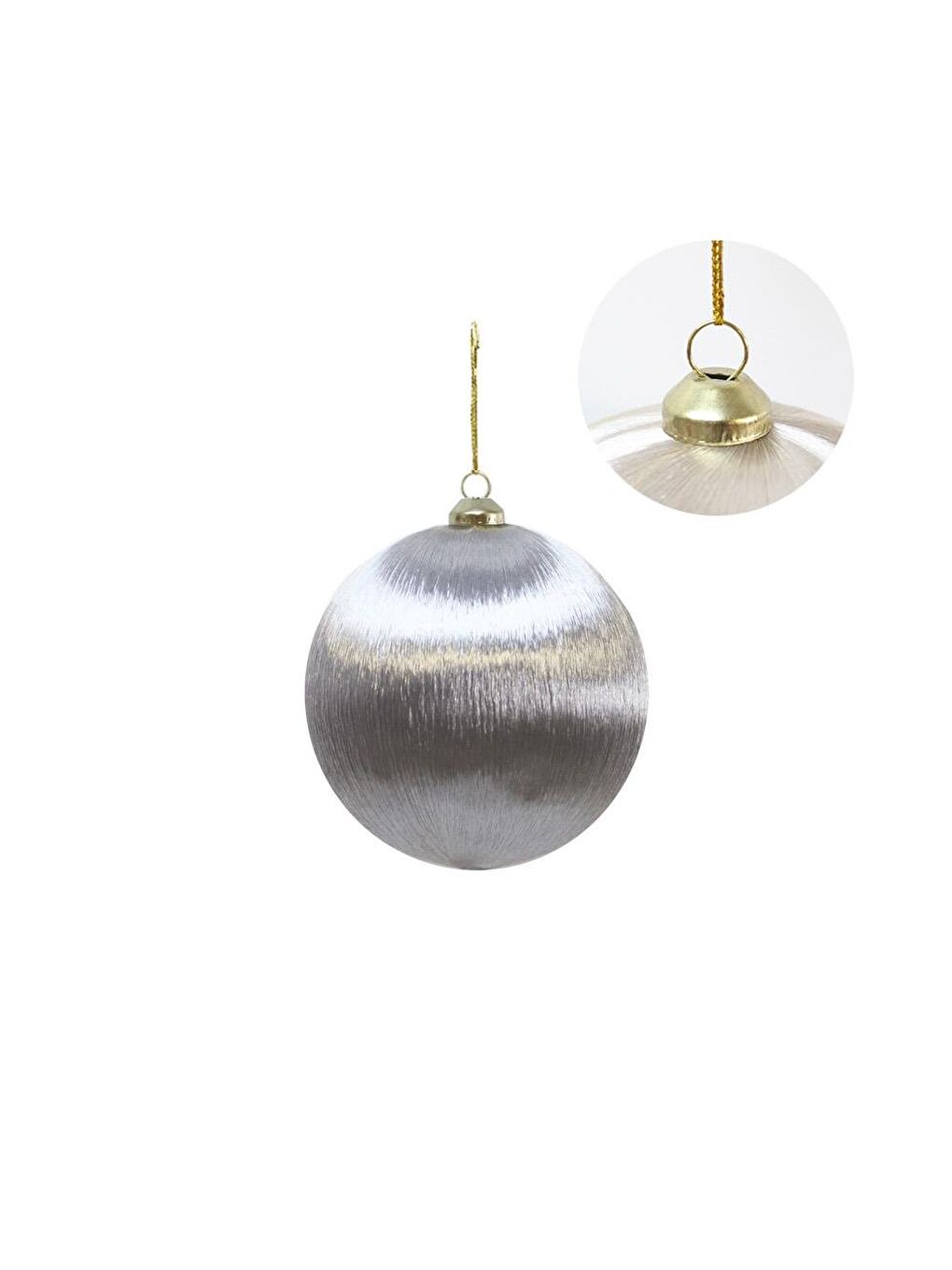 Gri Yılbaşı Topu – İpek İplik Sarılı Çam Ağacı Süsü Gümüş 8 cm-1