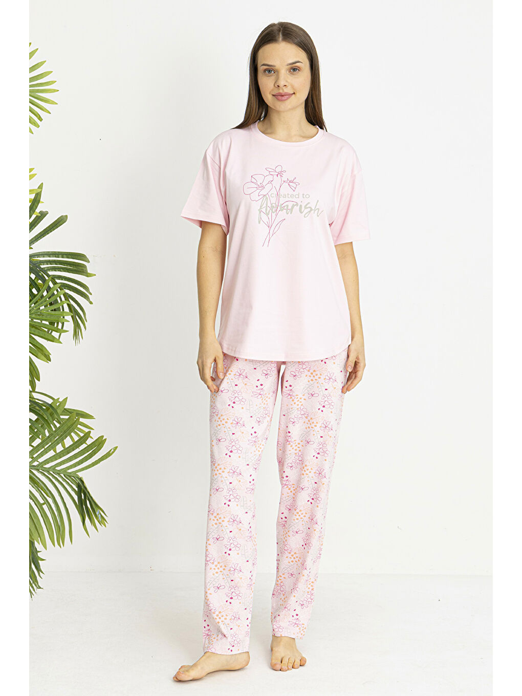Kadın Süprem Kumaş Kısa Kol Pijama Takımı 26190 Pembe