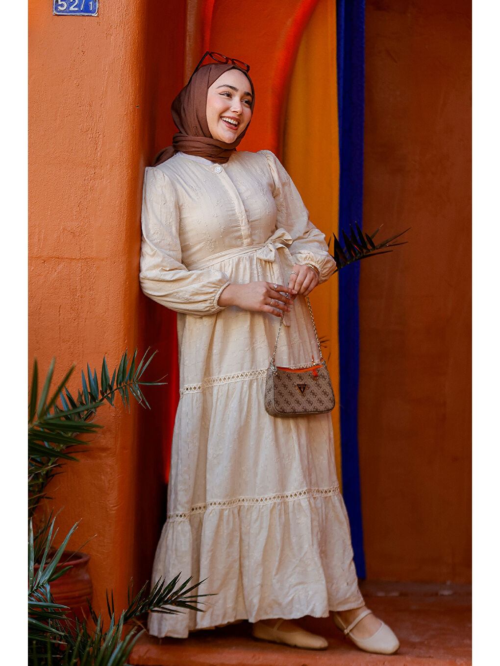 Ekru Kadın Nakış Detaylı Jakar Elbise Krem-1