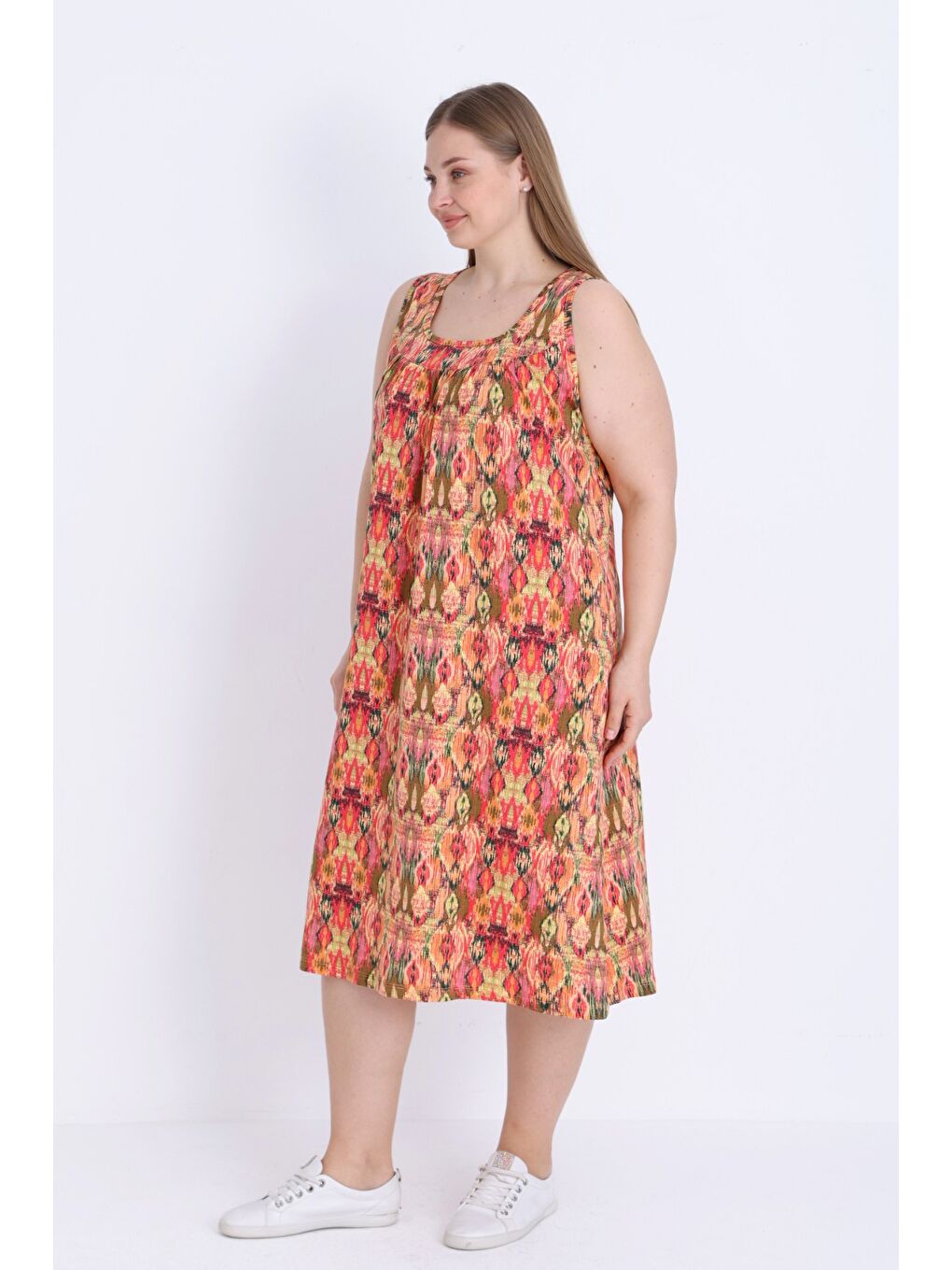 Karışık Kadın Büyük Beden Desenli Cepli Pamuklu Askılı Elbise-2