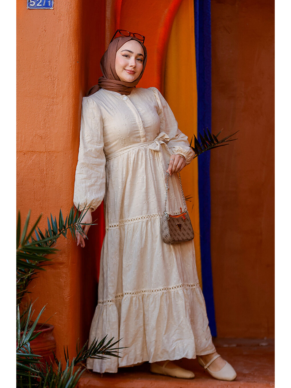 Ekru Kadın Nakış Detaylı Jakar Elbise Krem-2