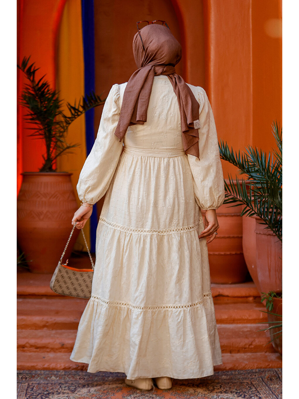 Ekru Kadın Nakış Detaylı Jakar Elbise Krem-3