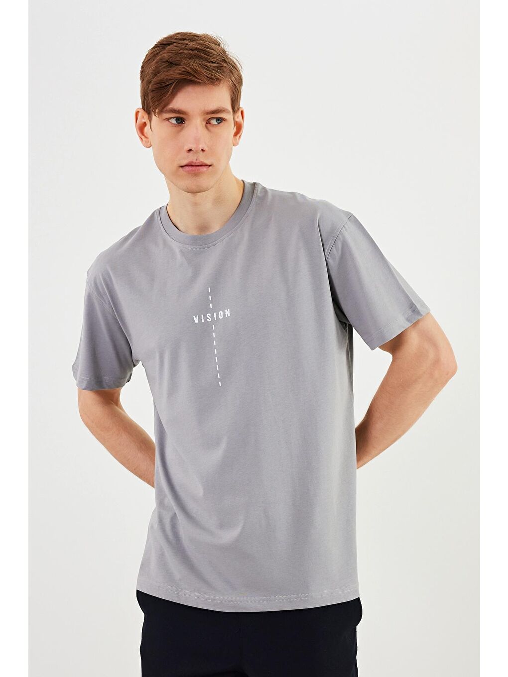 MMETALIC Gri Leo Erkek Oversize Tshirt %100 Pamuk Bisiklet Yaka Baskı Detaylı Basic Tişört MTLCE87 - 3