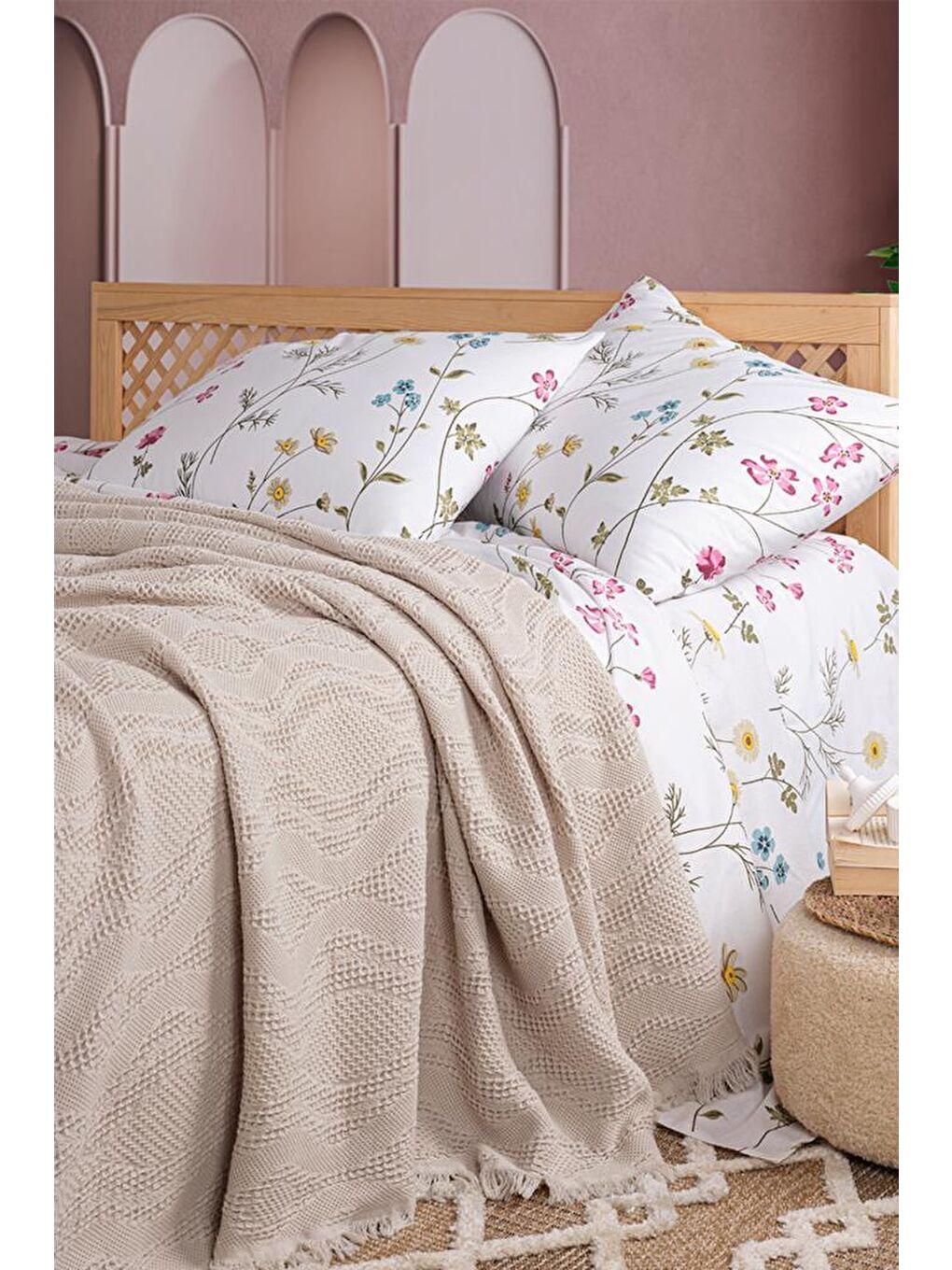 Kahverengi Şalemar 4 Parça Çift Kişilik Pike Takımı Cappucino-2