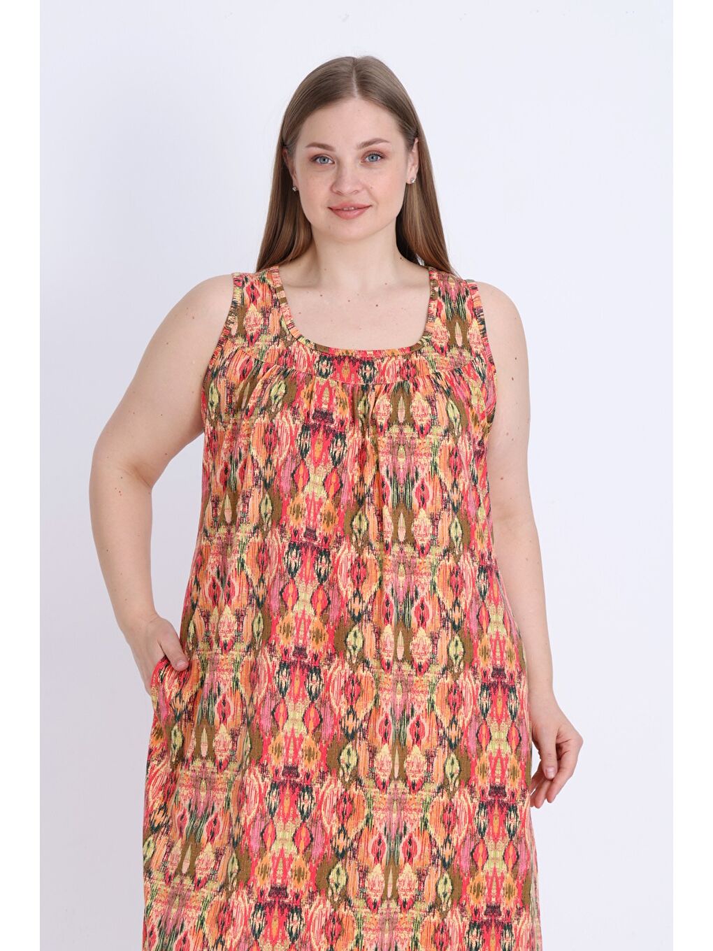 Karışık Kadın Büyük Beden Desenli Cepli Pamuklu Askılı Elbise-4