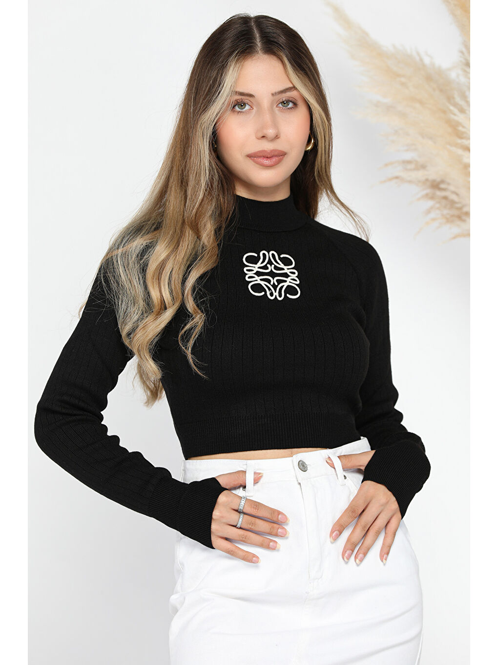 GÜLSELİ Siyah Ön Nakışlı Crop Top Triko Bluz