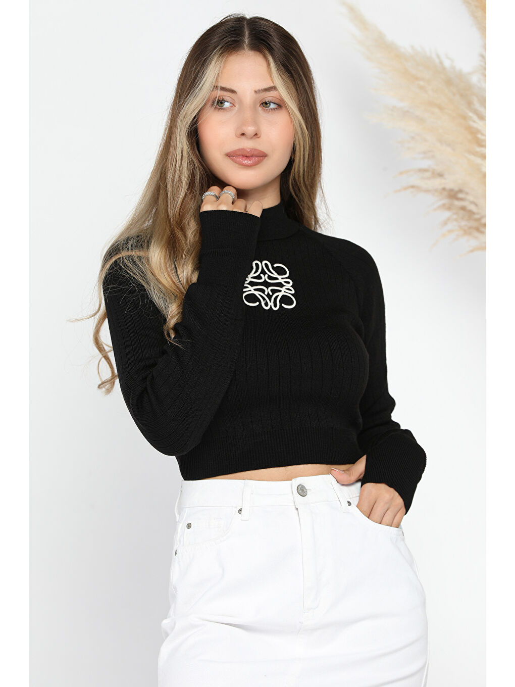 GÜLSELİ Siyah Ön Nakışlı Crop Top Triko Bluz - 1