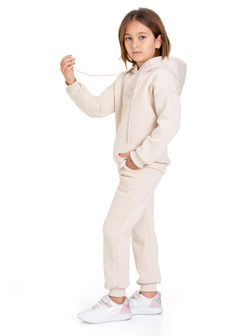 Ekru Üç İplik Şardonlu Cep ve Kapüşonlu Eşofman Takımı-2