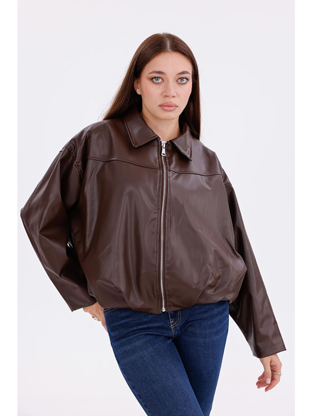 Kahverengi Kadın Oversize Deri Görünümlü Ceket – Fermuarlı Modern Stil Günlük Dış Giyim-1