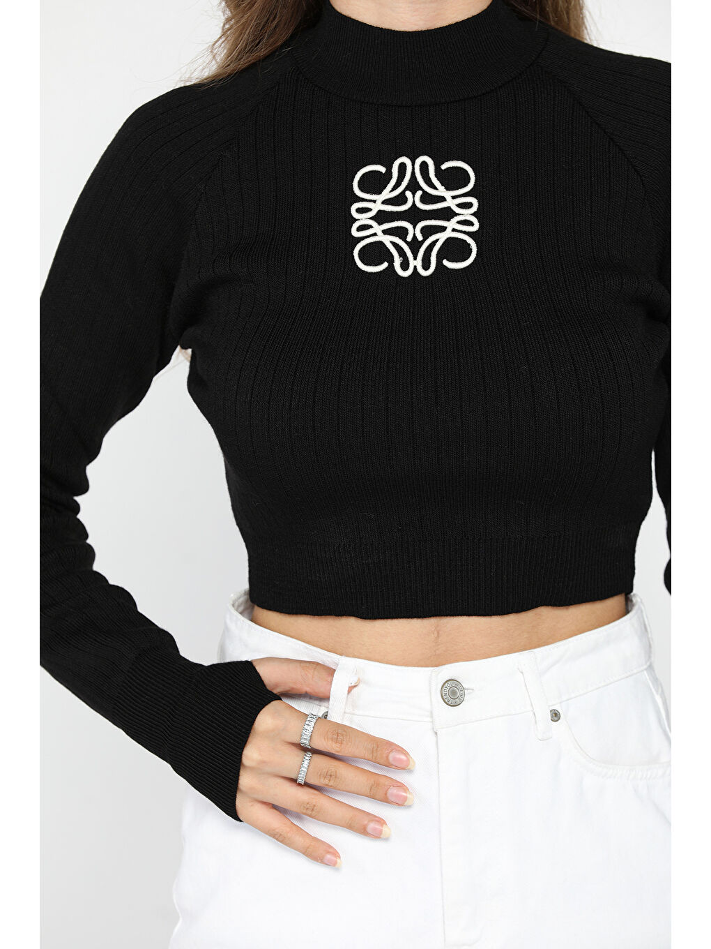 GÜLSELİ Siyah Ön Nakışlı Crop Top Triko Bluz - 3