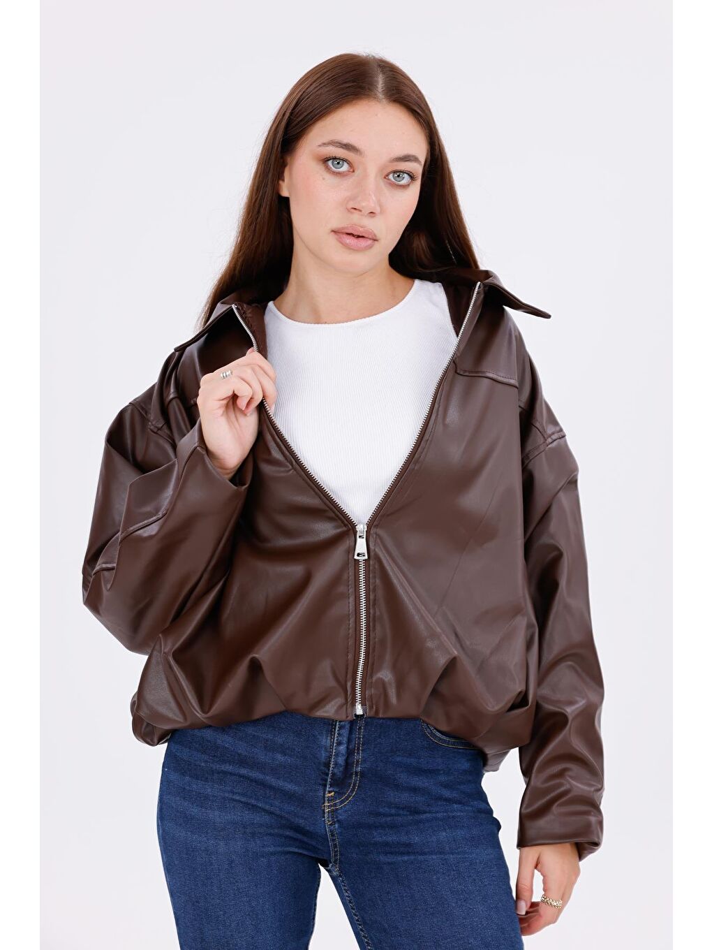 Kahverengi Kadın Oversize Deri Görünümlü Ceket – Fermuarlı Modern Stil Günlük Dış Giyim-3