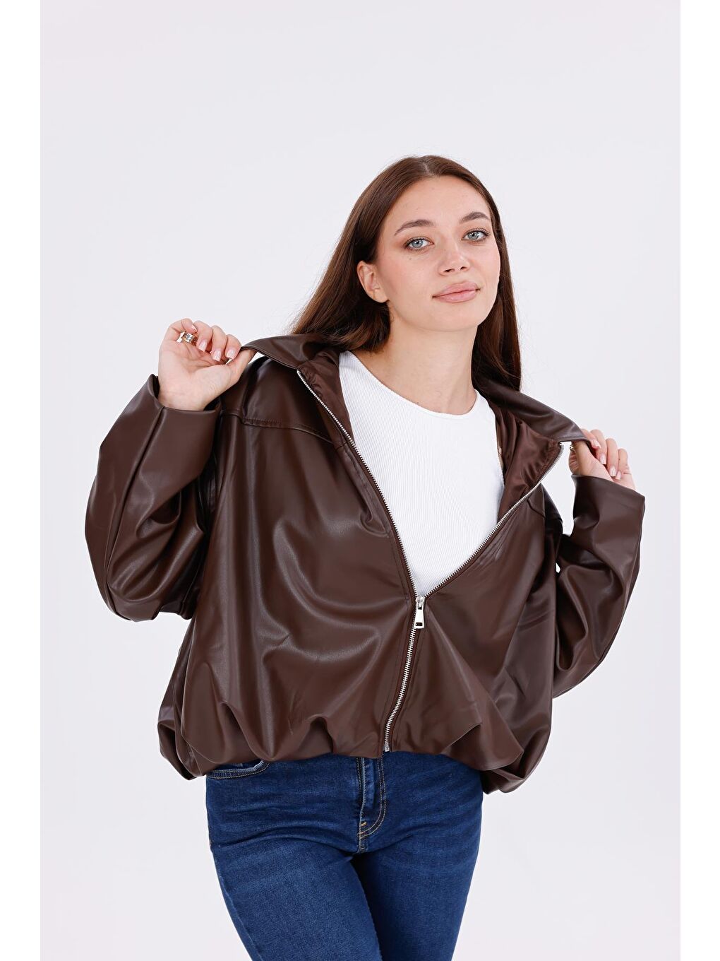 Kahverengi Kadın Oversize Deri Görünümlü Ceket – Fermuarlı Modern Stil Günlük Dış Giyim-4