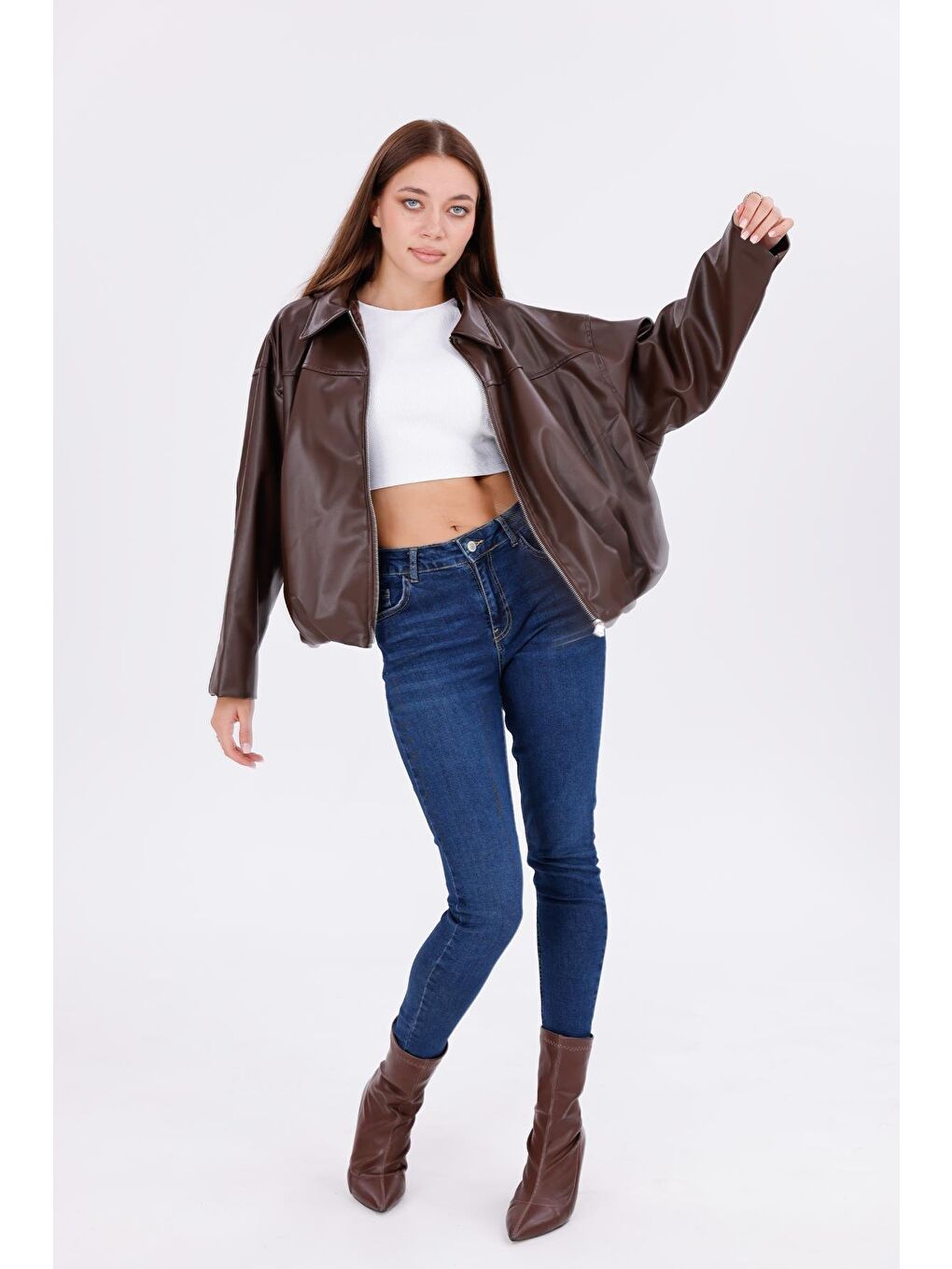 Kahverengi Kadın Oversize Deri Görünümlü Ceket – Fermuarlı Modern Stil Günlük Dış Giyim-5