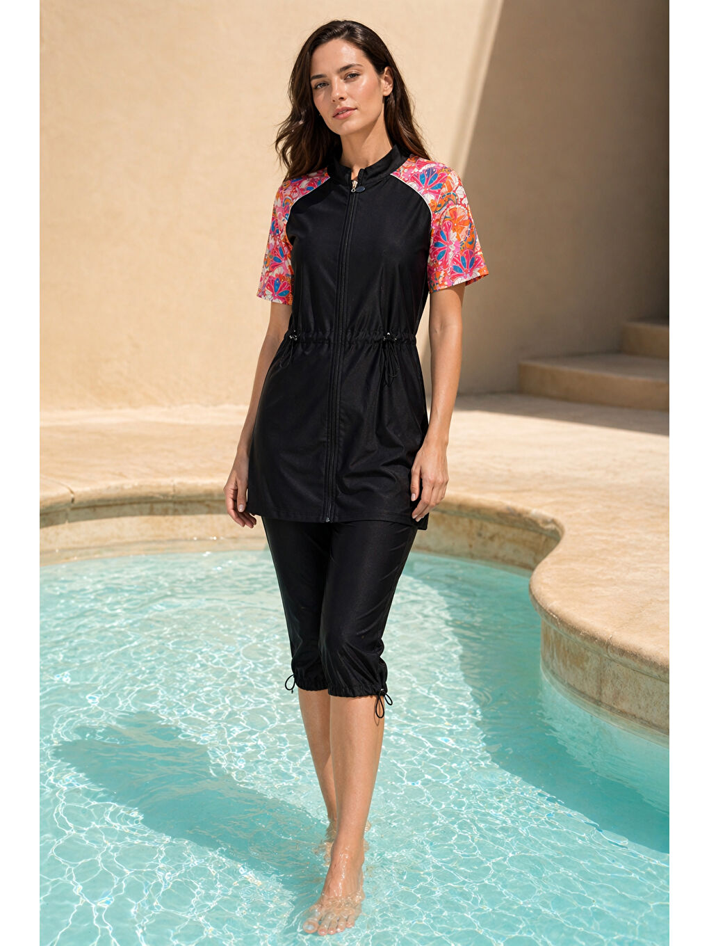 Siyah Önü Kapaklı Paraşüt Kısa Kollu Yarı Kapalı Mayo R302-2