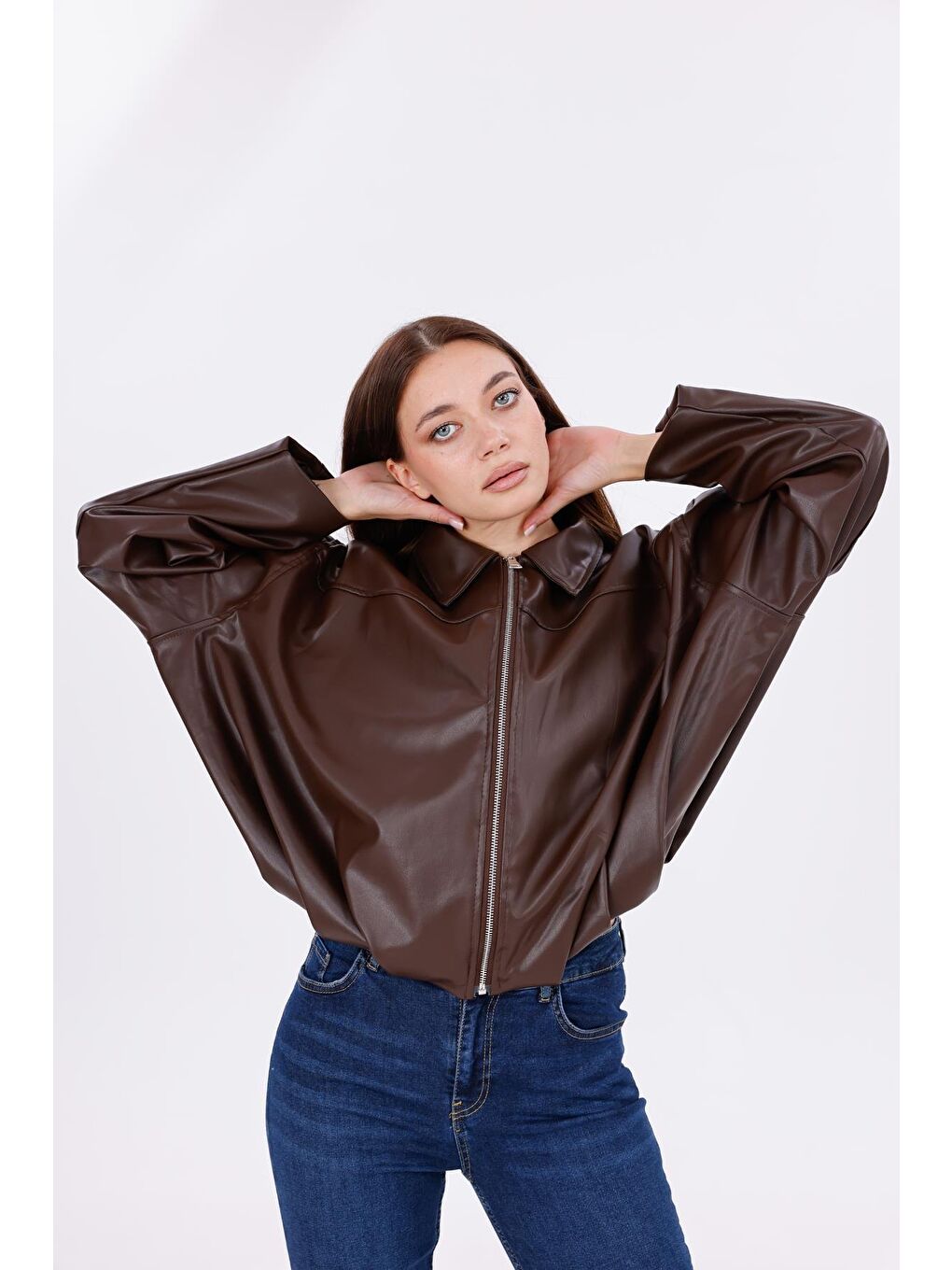 Kahverengi Kadın Oversize Deri Görünümlü Ceket – Fermuarlı Modern Stil Günlük Dış Giyim-6